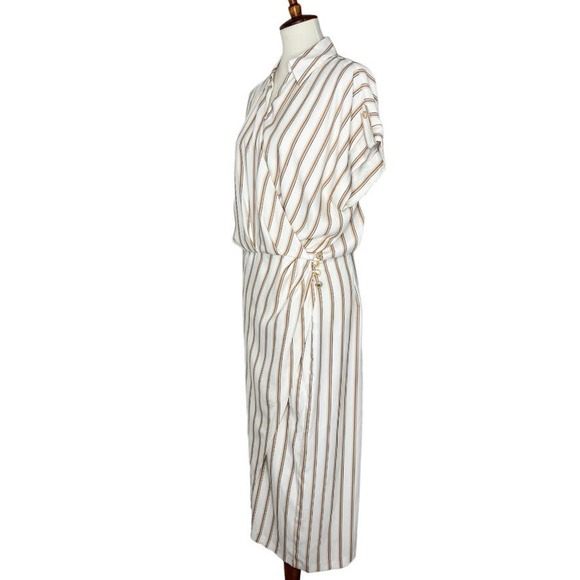 ZARA NWT Striped Ecru Draped Wrap Dress Midi Length Business Casual Size XL - Picture 6 of 13